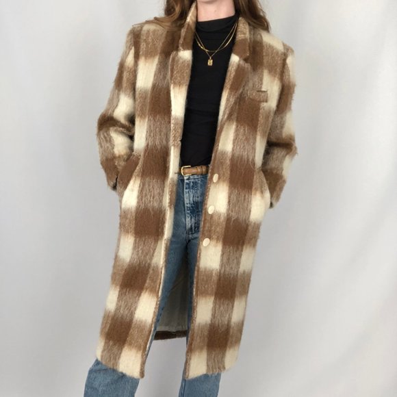 Stunning Vintage Plaid Mohair Wool Long Oversized Trench Shacket Jacket Pea Coat - Picture 10 of 10